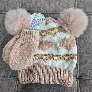 NWT Toby & Me Toddler Double Pom Hat and Mitten Set
